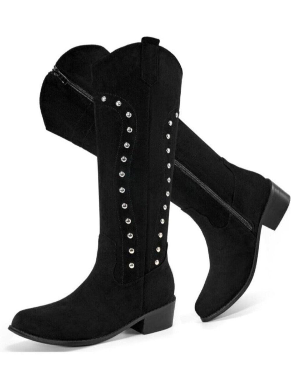 Women's Black Suede Western Knee High Wide Calf Comfortable Cowgirl Boots